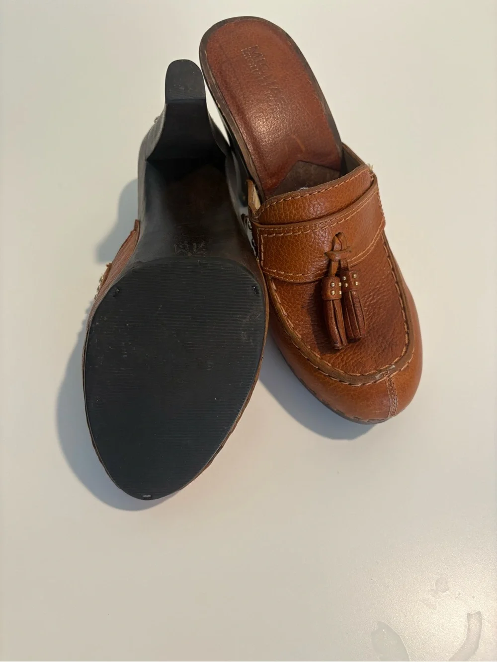 Michael Kors Brown Leather Tassel Mule Clogs Wooden Heel Size 7M